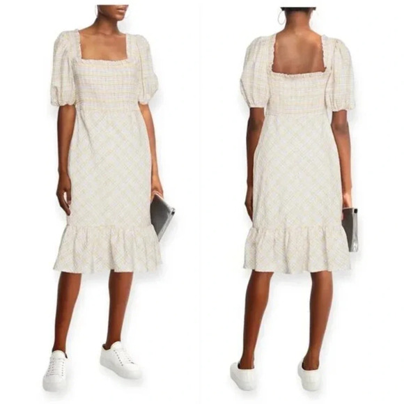 NWT GANNI Seersucker Plaid Print Midi Length Dress smoked top size 42 US… - Picture 1 of 10